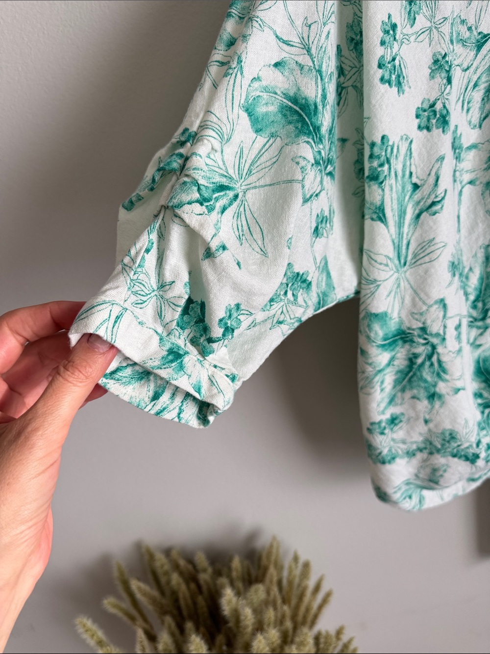 Zara Botanical Wrap Blouse XS Oversized Green Floral Linen Blend Top Cottagecore - Picture 6 of 11